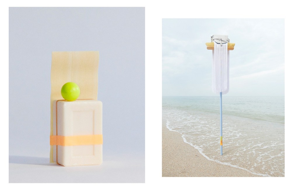 Still life featuring geometric shapes and a green sphere alongside a coastal scene with a brush in ocean surf.