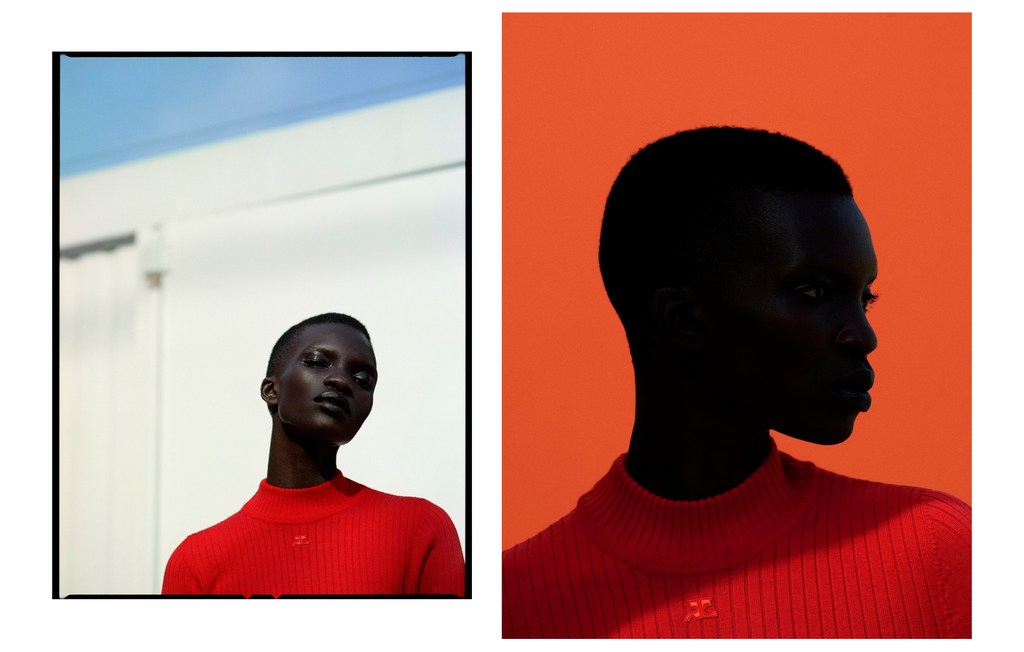 Two studio portraits of an African American adult woman wearing a red turtleneck sweater against a white and orange background.