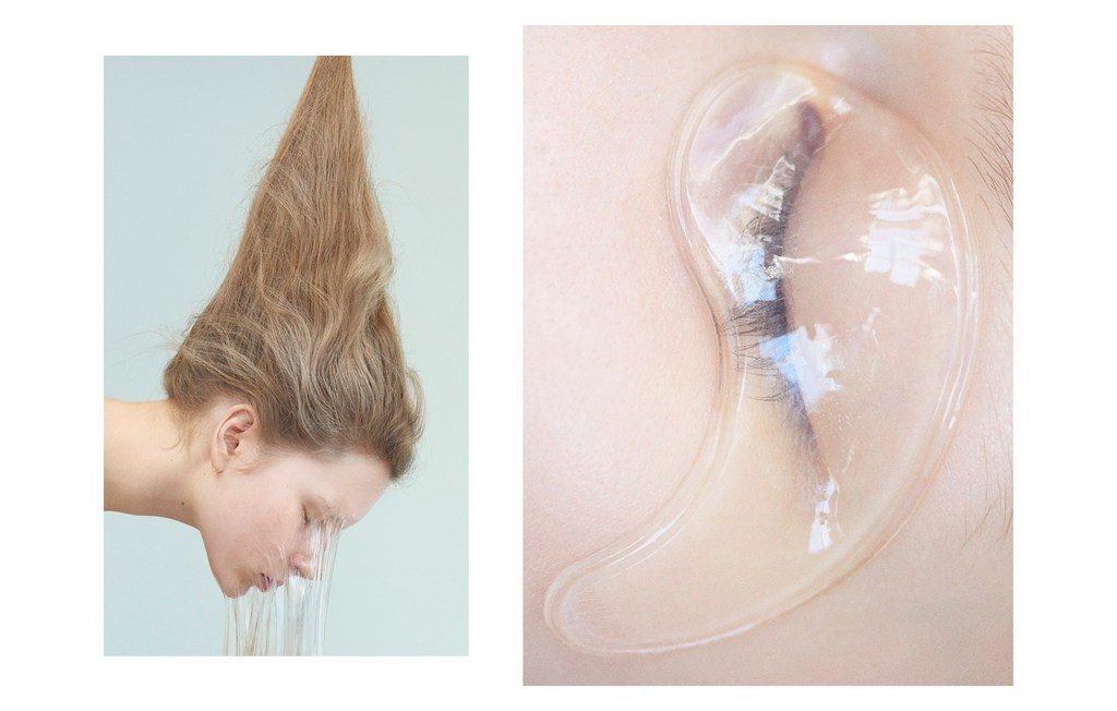 Close-up split screen featuring a woman with long hair pouring over her face and an eye with a clear moisturizing patch applied.