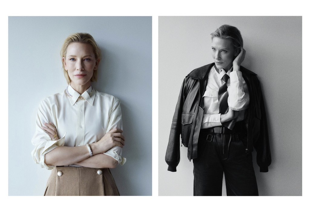 Two portraits of Cate Blanchett in different outfits against a plain wall, one in color and one in black and white, fashion photography.