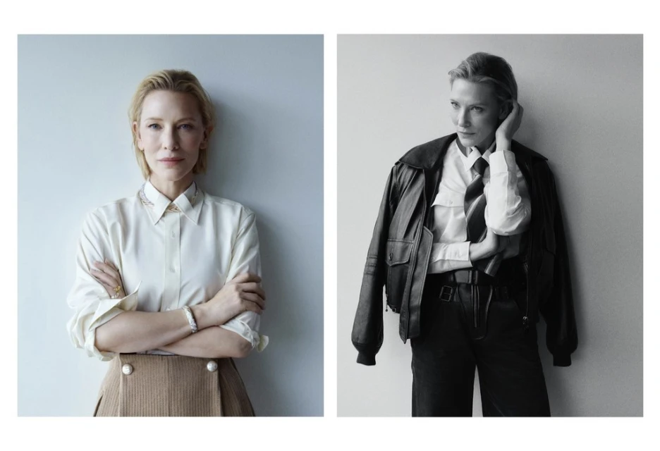 Two portraits of Cate Blanchett in different outfits against a plain wall, one in color and one in black and white, fashion photography.