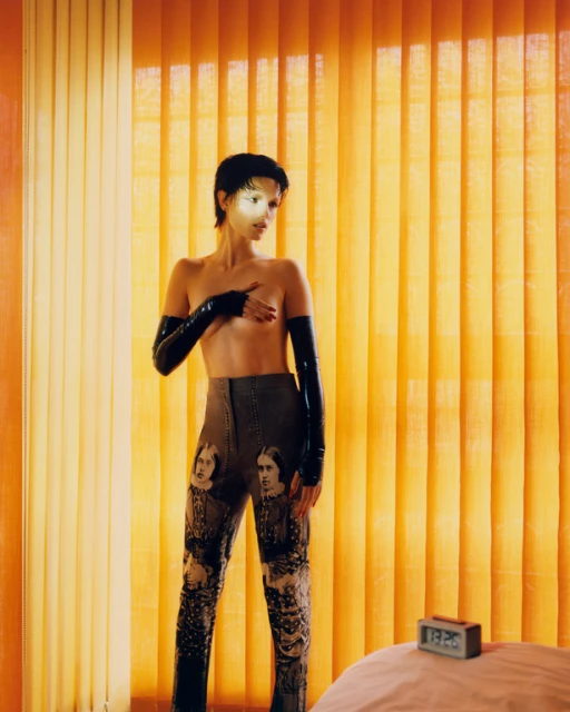 A nude woman poses in front of golden yellow blinds wearing shiny black elbow gloves and printed pants, with an alarm clock visible.