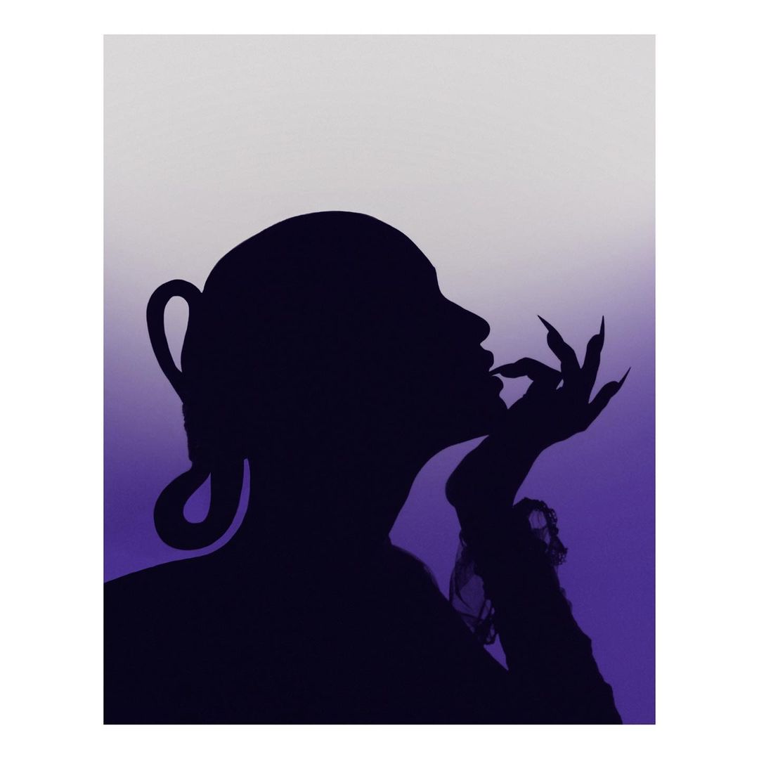 Silhouette of an adult female with long nails and a ponytail, set against a purple and white gradient background, fashion photography.