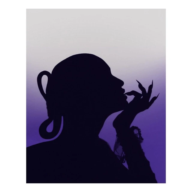 Silhouette of an adult female with long nails and a ponytail, set against a purple and white gradient background, fashion photography.
