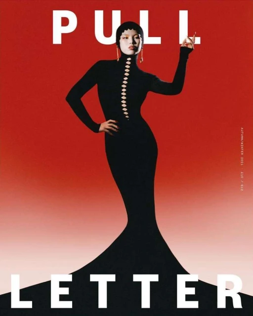 Fashion magazine cover featuring an Asian model in a black gown posing against a red and white gradient background.