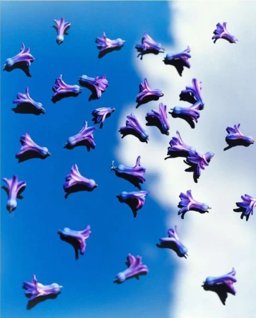 Scattered purple hyacinth blossoms float against a vibrant blue sky with wispy white clouds, creating a dreamy and ethereal floral scene.