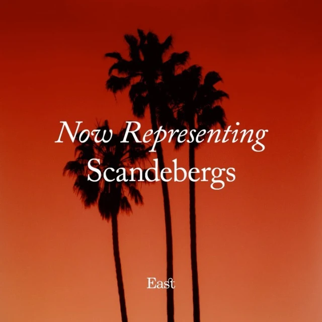Palm trees silhouetted against a vibrant orange sky, with superimposed text 'Now Representing Scandebergs' and 'East', creating a warm, tropical aesthetic.