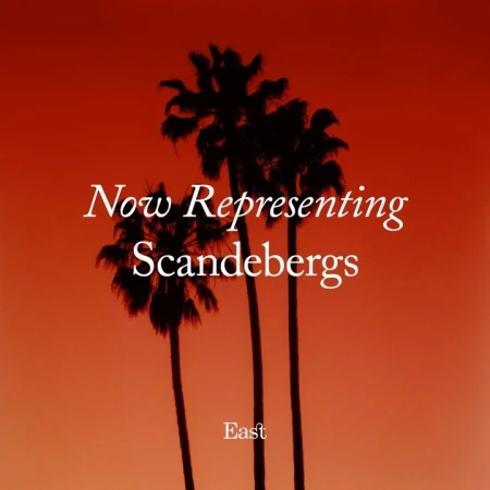 Palm trees silhouetted against a vibrant orange sky, with superimposed text 'Now Representing Scandebergs' and 'East', creating a warm, tropical aesthetic.