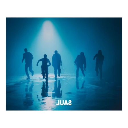 Five figures silhouetted and running against a blue spotlight background with reflections on the wet surface below.