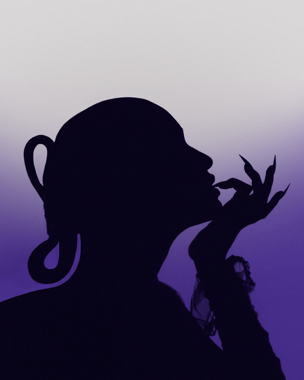 Silhouette of woman with dramatic nail extensions and updo hairstyle against purple and white gradient background.