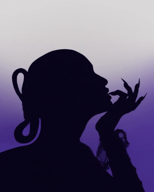 Silhouette of woman with dramatic nail extensions and updo hairstyle against purple and white gradient background.