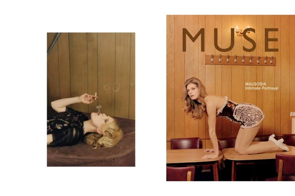 Two magazine-style photos of women, one smoking and the other posing on a table, creating a vintage-inspired aesthetic.