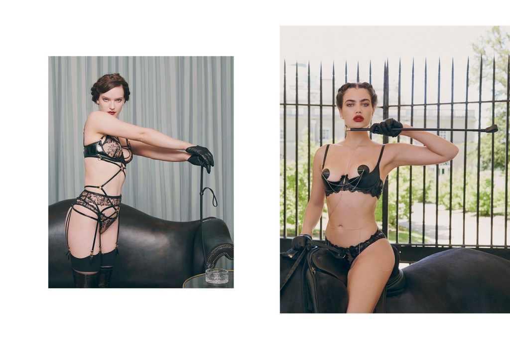Two women in lingerie pose with riding crop and saddle indoors. The image is split into two scenes with different backgrounds.