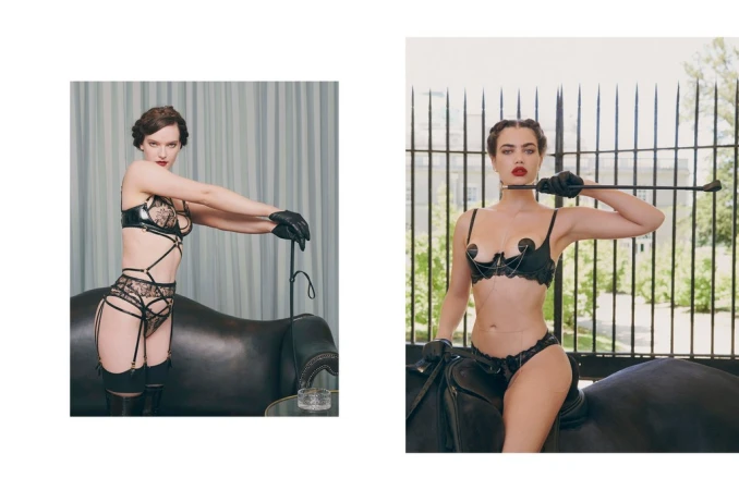Two women in lingerie pose with riding crop and saddle indoors. The image is split into two scenes with different backgrounds.