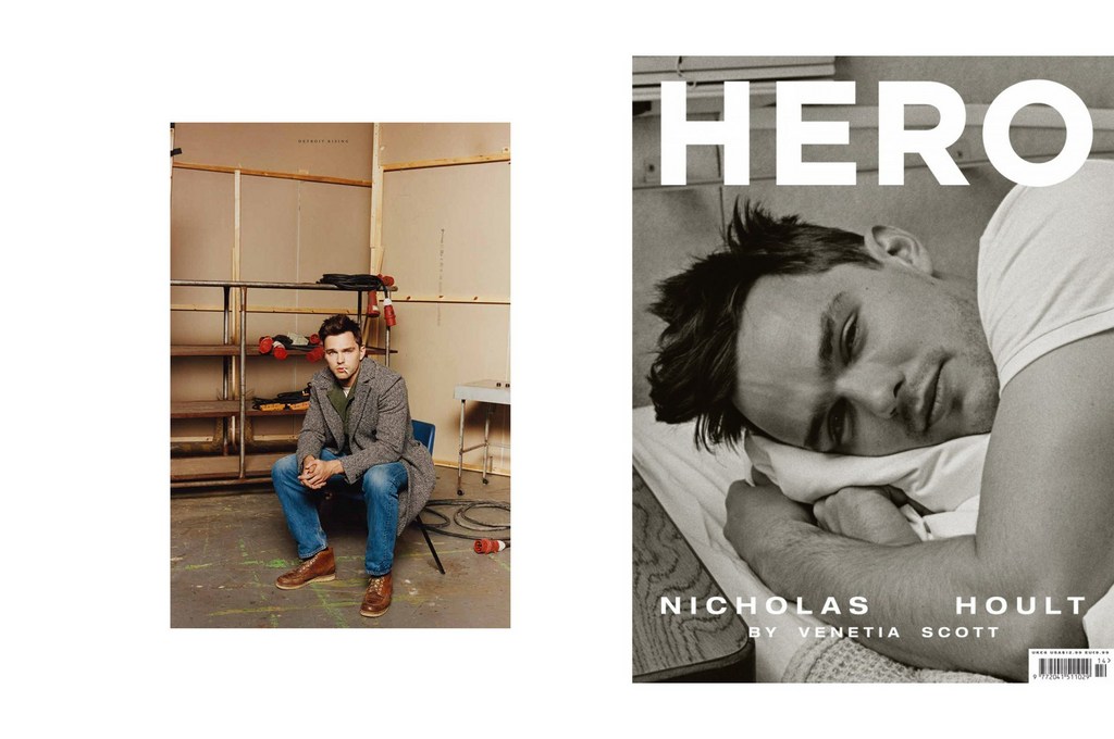 Hero Magazine cover featuring Nicholas Hoult lying down contrasted with him seated indoors wearing coat and jeans and brown boots.