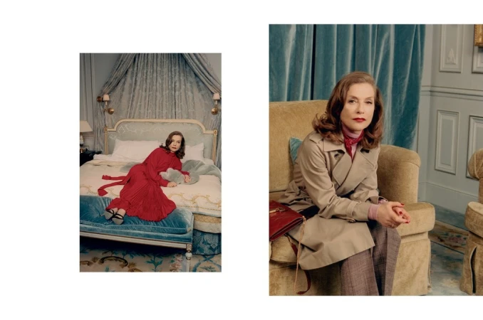 Two portraits feature actress Isabelle Huppert in elegant interiors. One is reclining on a bed, the other sitting in a chair.