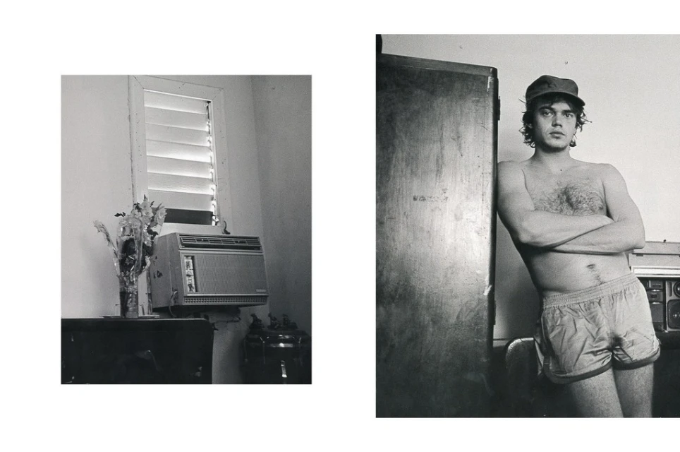 Black and white diptych: Interior with window air conditioner and man in shorts leaning against wall next to a boombox.