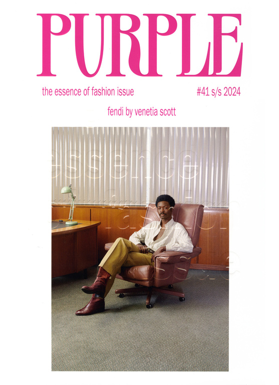 Magazine cover featuring a man in an office chair; the cover reads 'PURPLE, the essence of fashion issue, #41 s/s 2024, Fendi'.