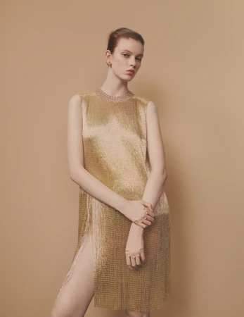 A slender woman with a serious expression poses in a golden, metallic, sleeveless, split dress against a neutral background in a studio shot.