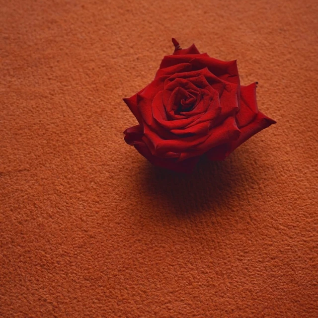 Close-up of a single, vibrant red rose blossom against a textured, rusty-orange background, creating a striking contrast of colors and textures.