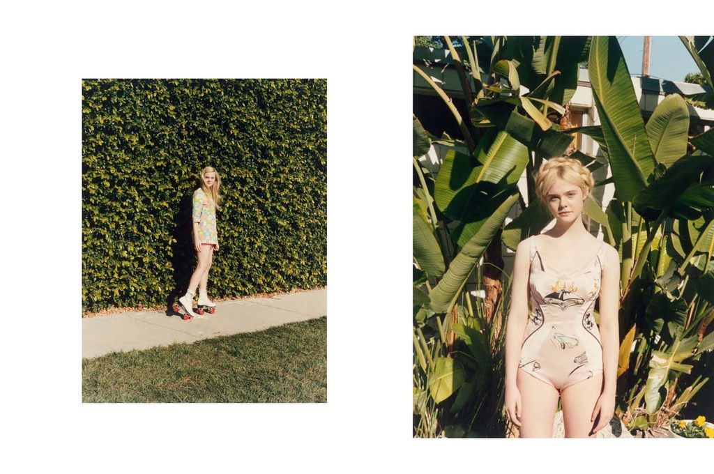 Two outdoor fashion portraits of a young adult female model posing in swimwear and a floral dress on roller skates, with lush green vegetation.