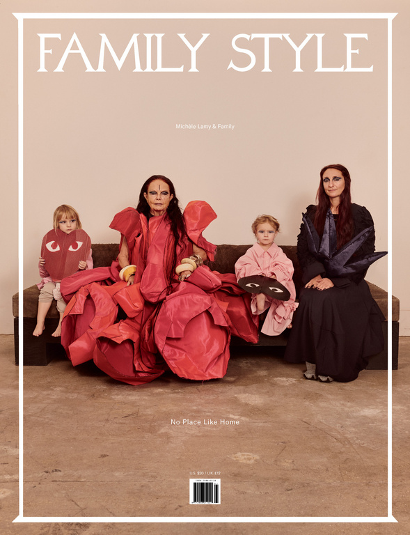 Family Style magazine cover featuring two adult women and two children on a brown couch with a tan background.