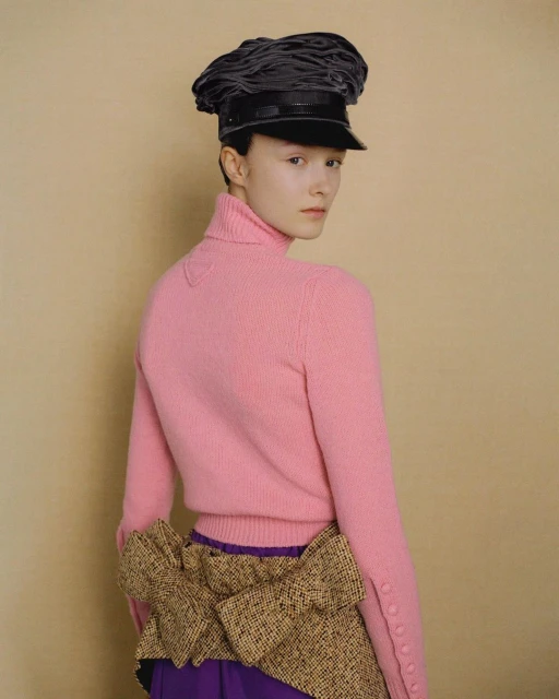 Young woman in a pink turtleneck sweater and black cap looks over her shoulder against a neutral backdrop in a fashion editorial shot.