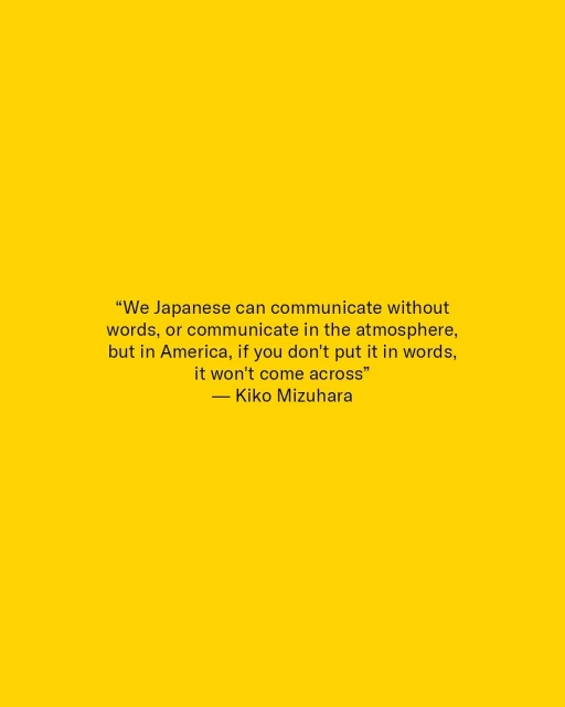 Quote by Kiko Mizuhara in black text on a yellow background. The quote discusses communication among Japanese people in America.