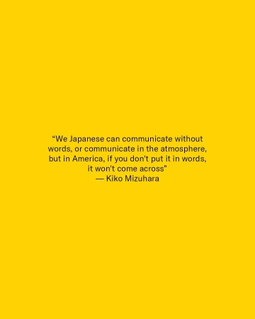 Quote by Kiko Mizuhara in black text on a yellow background. The quote discusses communication among Japanese people in America.