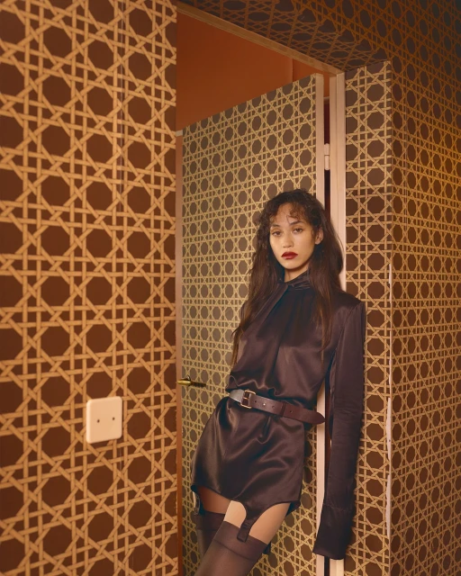 Adult woman posing indoors in a satin dress with garter stockings against a patterned wall; fashion editorial with warm lighting.