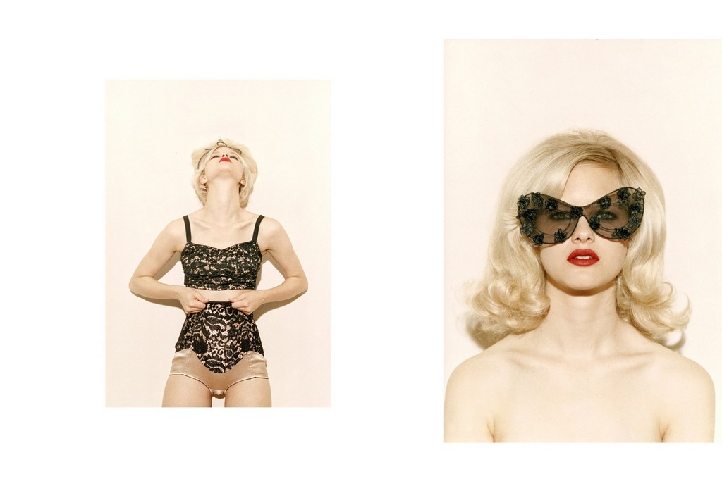 Two images of a fair-skinned woman with platinum blonde hair wearing sunglasses and a black lace top and nude bottoms against a neutral background.