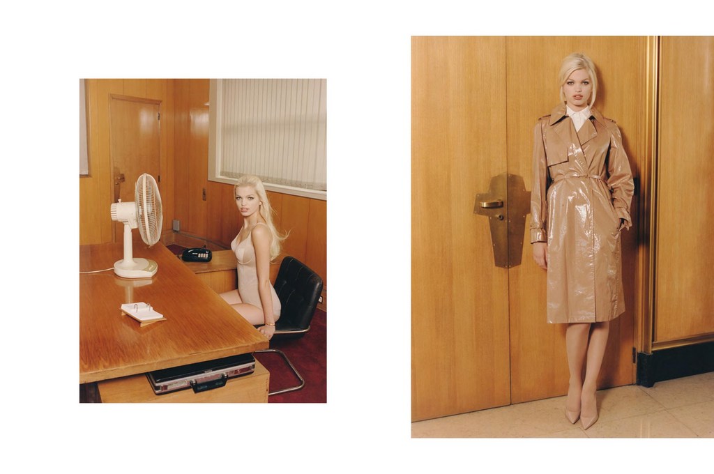 Two-part image. One woman seated at an office desk with a fan, the other stands in a trench coat against a wooden door in a studio.