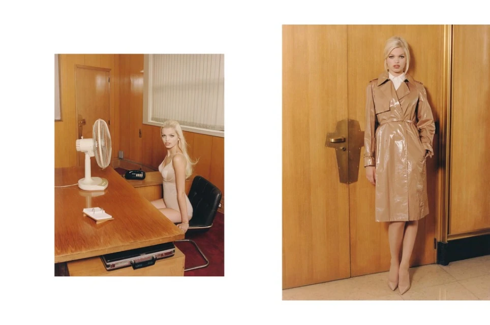 Two-part image. One woman seated at an office desk with a fan, the other stands in a trench coat against a wooden door in a studio.