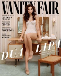 Dua Lipa seated on a vintage wooden dressing table in a white lace bodysuit for Vanity Fair magazine cover.