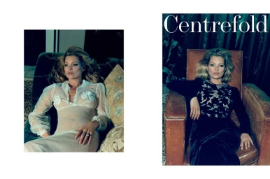 Kate Moss featured in Centrefold editorial styled by Venetia Scott, wearing sheer white dress and dark velvet gown.