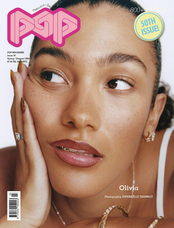 Close-up of Olivia on the cover of POP Magazine Spring/Summer 2024, Issue 50. The image features her face, jewelry, and magazine text.