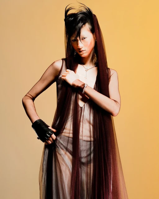 A dramatic fashion shot of an Asian woman with stylized hair and makeup posing in a sheer dress on a tan background.