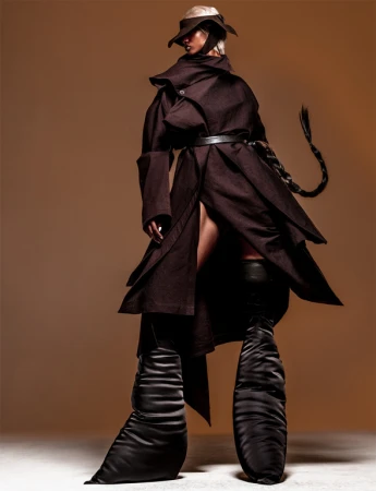 Model in a dark oversized belted coat, wide-brimmed hat, and exaggerated knee-high boots against a warm solid background.