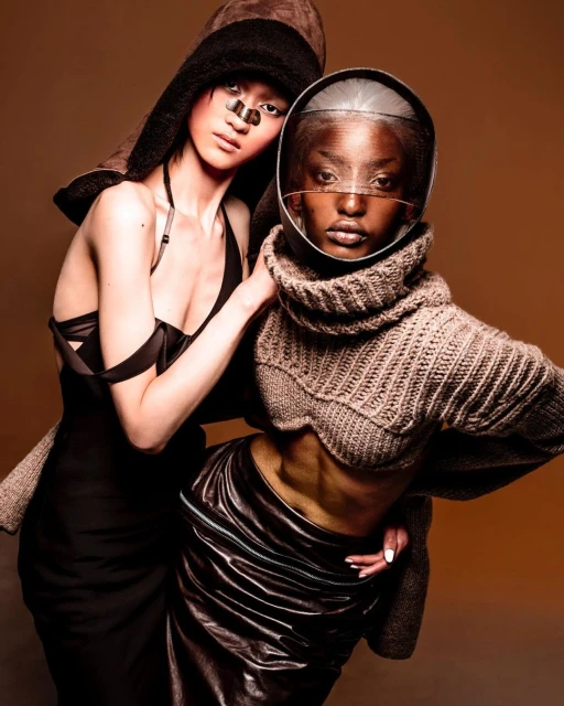 Two women pose in fashion-forward headwear and neutral tones in a studio. One woman wears a helmet-like head covering and cowl-neck sweater.