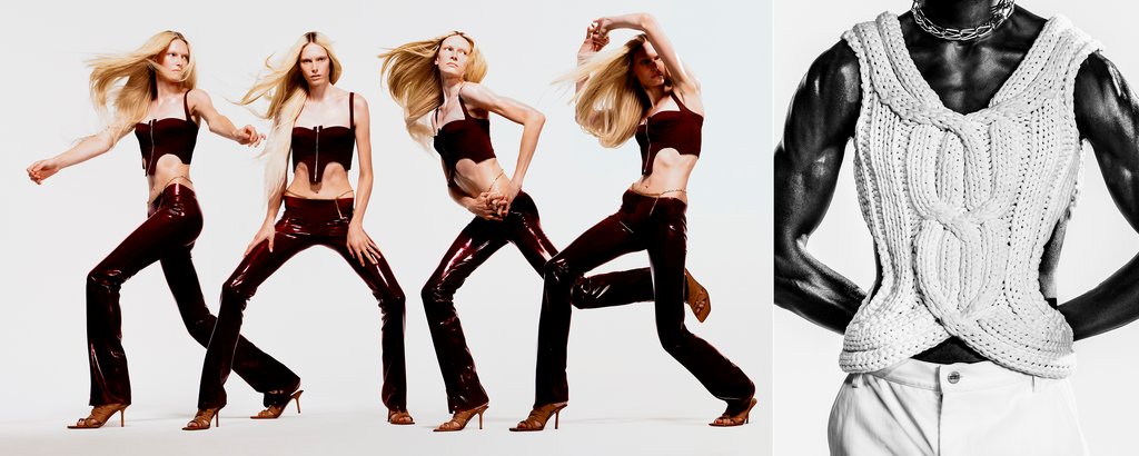 Fashion editorial featuring a slender blonde woman in a variety of dynamic poses, wearing a burgundy top and shiny pants, against a white background.