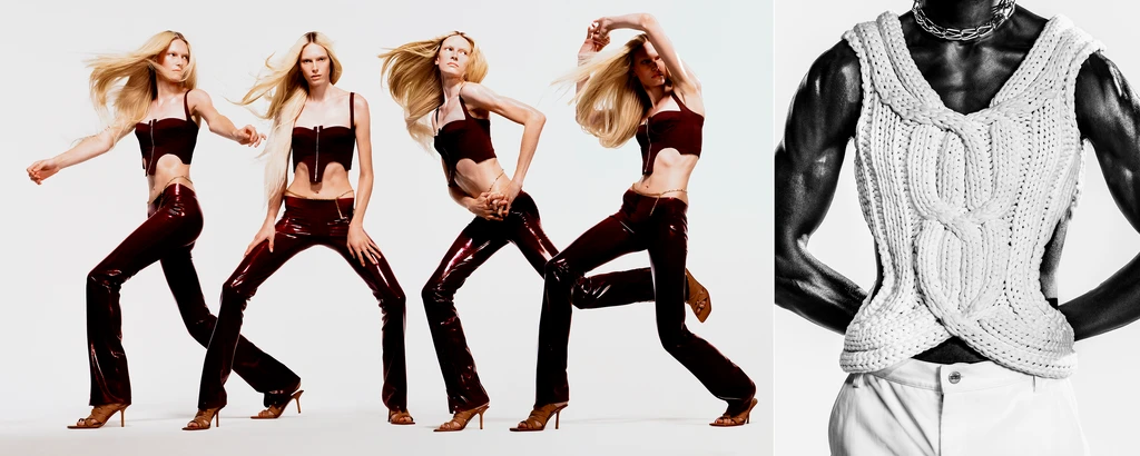 Fashion editorial featuring a slender blonde woman in a variety of dynamic poses, wearing a burgundy top and shiny pants, against a white background.