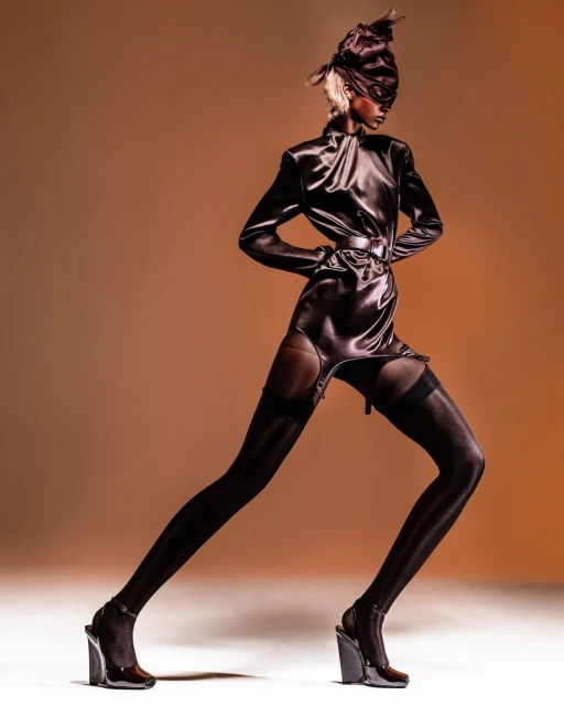 Elegant African American woman poses in a shiny brown mini dress, dark stockings, and heels against a gradient brown background in a fashion shot.