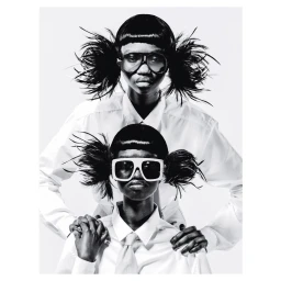 Monochrome portrait of two black women wearing white shirts and oversized sunglasses against a seamless white background.