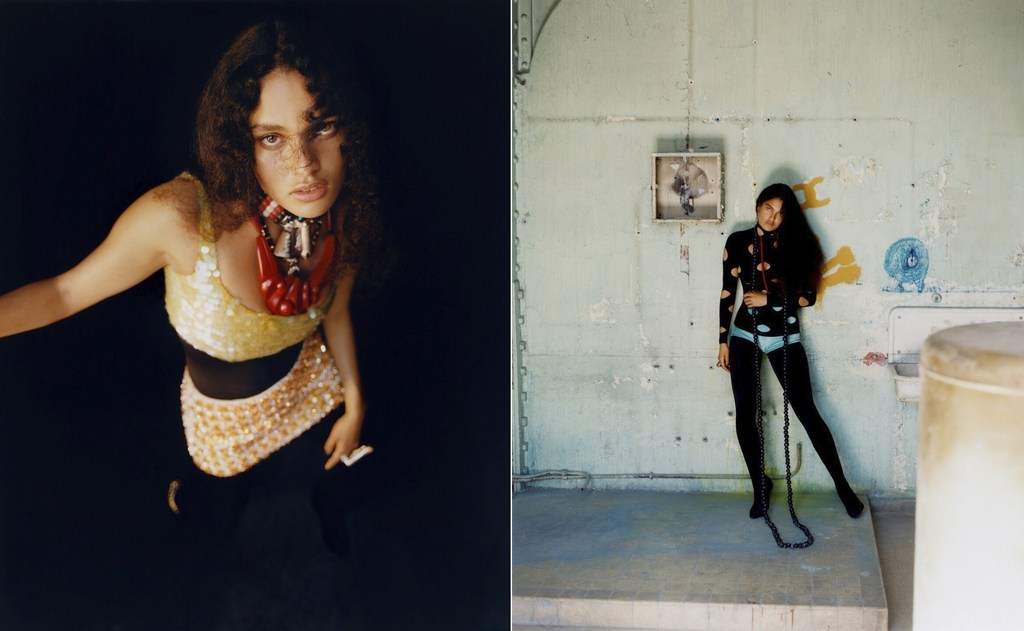 Fashionable woman in sequined top poses against a dark background, while another woman stands against a distressed wall in a studio setting.