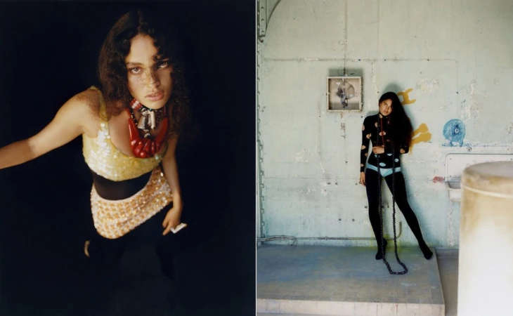 Fashionable woman in sequined top poses against a dark background, while another woman stands against a distressed wall in a studio setting.