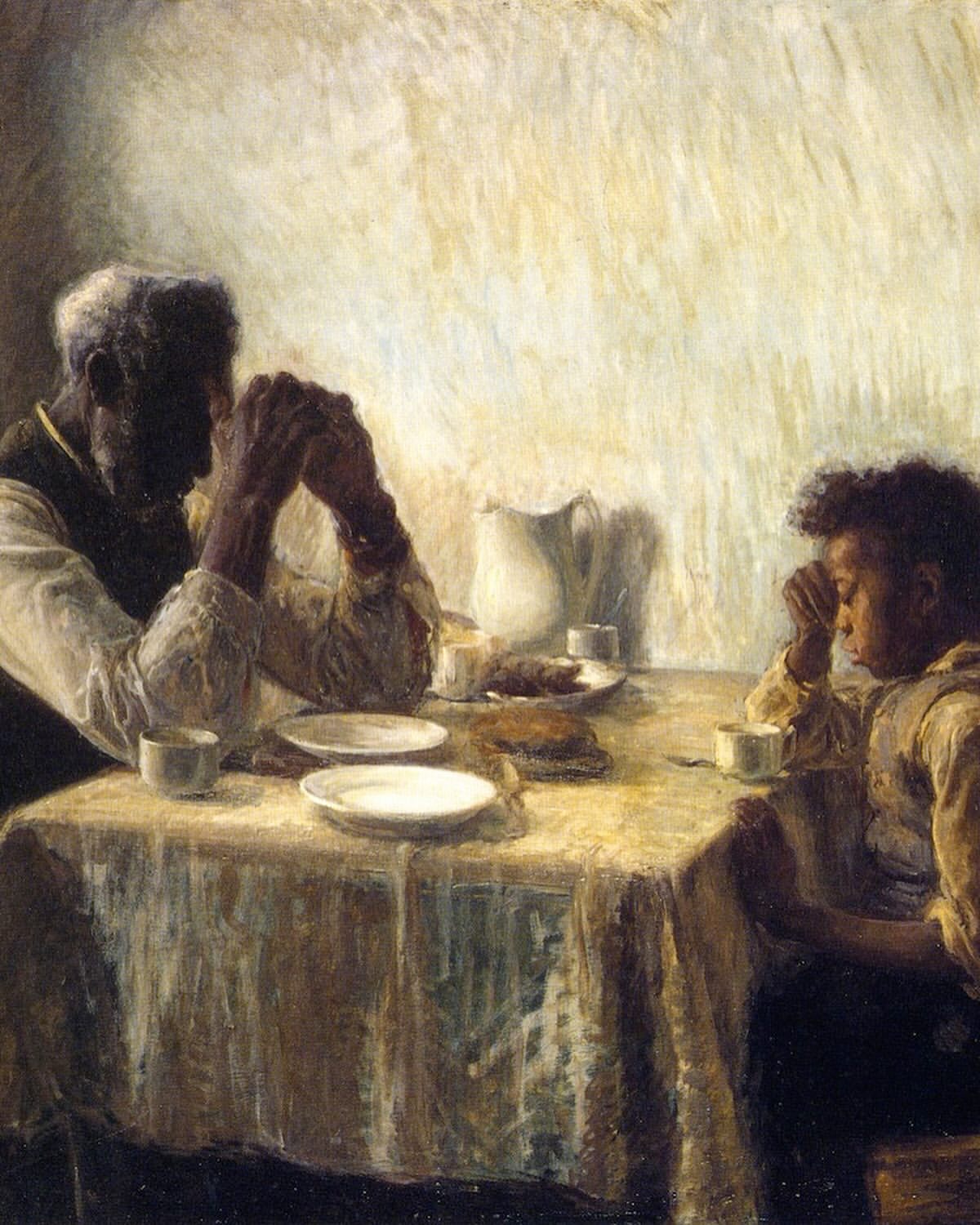 Painting of an older adult and a child seated at a table with plates, a pitcher, and mugs. Both have hands folded as if praying.