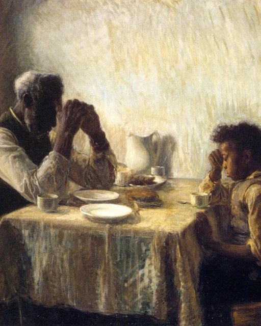 Painting of an older adult and a child seated at a table with plates, a pitcher, and mugs. Both have hands folded as if praying.
