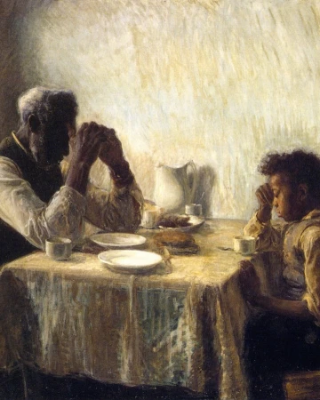 Painting of an older adult and a child seated at a table with plates, a pitcher, and mugs. Both have hands folded as if praying.