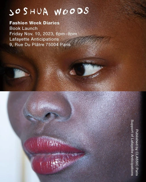 Close-up promotional image shows the face of a Black woman and the book launch details for Joshua Woods's 'Fashion Week Diaries' book.