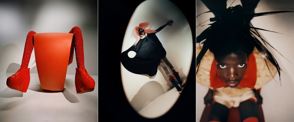 Abstract three-panel design featuring an orange sculpture, a model in dramatic clothing, and an upward shot of a person with striking hair.